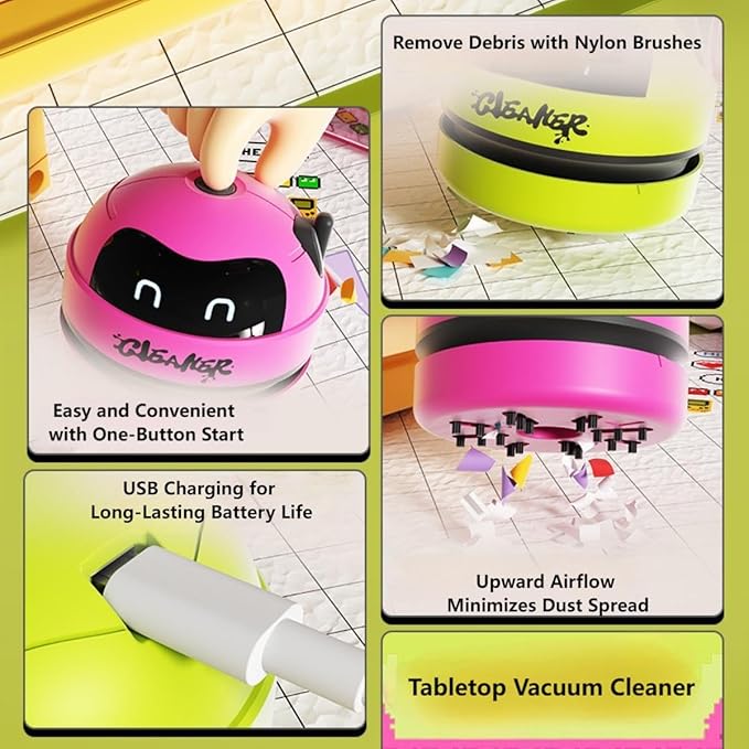 Mini Desktop Vacuum Cleaner - USB Rechargeable Portable Dust Crumb Pet Hair Flakes Remover, Table Keyboard Sweeper for Home Office School,Compact Desk Cleaner (White)