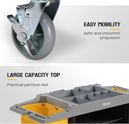 LEADZM Premium Hotel & Housekeeping Cart on Wheels, 154LBS Multifunctional Commercial Cleaning Cart with Large Capacity Vingyl Bags, Comfor Grip Handles and Easy Move Casters, Gray