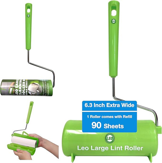 Leo 6.3-Inch Wide Lint Roller with 12-Inch Handle, Dog Hair Roller for Pet Cat Hair Removal, Super Sticky Roll Floor Refill, Leo Cleaning Roller Refill, 1 Roller with 90 Sheets Total, Ergonomic Design