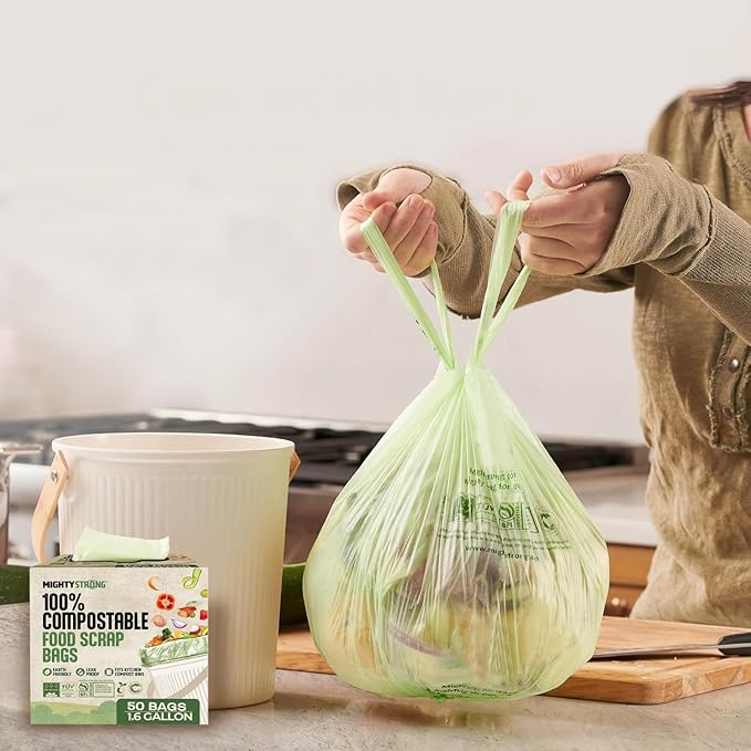 Compost Bags with Handles - 50 Pieces 1.6 Gallon/6 Liter Compostable Trash Bags, Small Trash Bags, Certified By BPI And OK Compost, Food Scrap Waste Bags