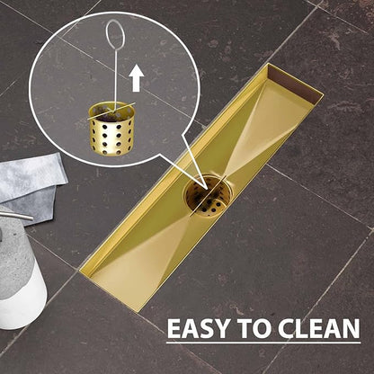 SaniteModar Linear Shower Drain, Gold Shower Drain 12 inch with Removable Grate,Brushed 304 Stainless Steel Linear Drain with Hair Strainer & Leveling Feet