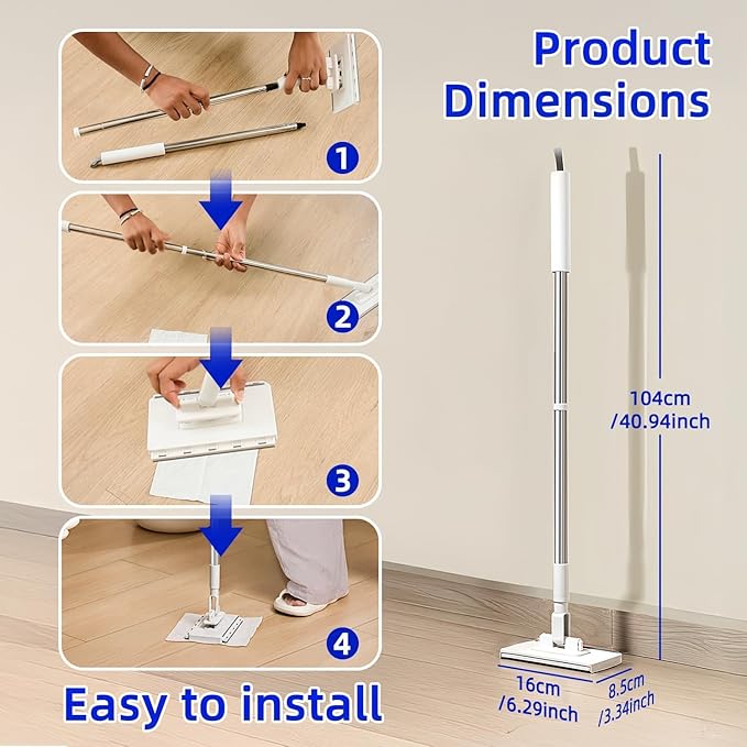 2026 New Snap Grip Mini Mop, Automatic Cloth Changing Mini Mops, 40inches Wet & Dry Click Mops for House Wall Window Bathroom Toilet Corners Door (1*mop+5*Cloth)