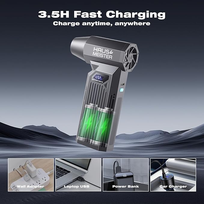 Hausmeister Airflex Turbo Compressed Air Duster 120,000 RPM Electric Air Duster, Reusable Cordless Blower Replaces Canned Air for Keyboard, PC, Car, Electronics Cleaning (Black)