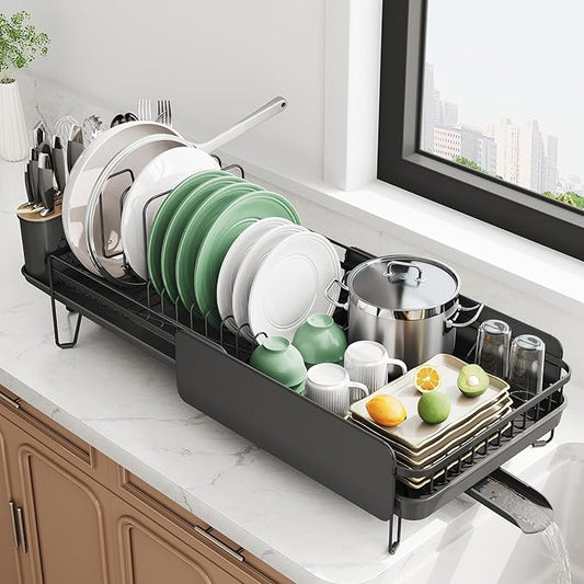 SNTD Large Dish Drying Rack - Expandable (19.3" to 29.4") Dish Rack for Kitchen Counter, Stainless Steel Dish Drainer with Utensil Holder, Pan Holder & Pot Lid Holder (Black)