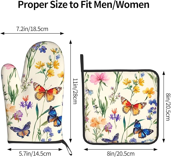 Vintage Floral Oven Mitts and Pot Holders Spring Summer Kitchen Accessories Set of 2 Wildflower Herb Flowers Gloves Potholder for Chef Cooking Baking Grilling BBQ
