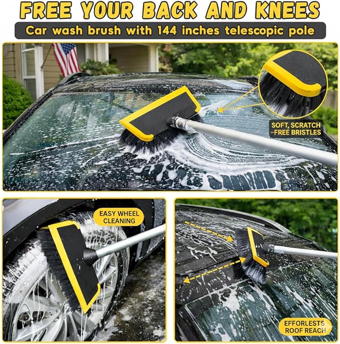 144" Car Wash Kit with Telescoping Pole, 20L Collapsible Bucket, Chenille Microfiber Mop, Bristle Brush, 2-in-1 Sponge & Window Squeegee, Towel & Waterproof Glove for RV Truck SUV Boat