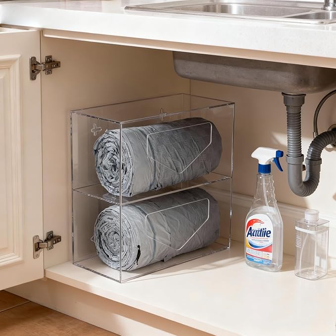 Trash Bag Dispenser with 2 Compartment, Wall Mounted Double Garbage Bag Dispenser Roll Holder Under Sink for Kitchen Cabinet - Acrylic Trash Bag Organizer Dispenser, Clear
