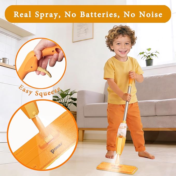 Kids Spray Mop for Age 2+ 3, 4, 5, 6 Year Old, Functional Cleaning Set for Toddlers Pretend Play Housework, Montessori Toys Gifts for Boys Girls (2 Microfiber Pads)
