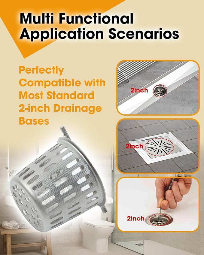 2 Pcs Debris and Hair Strainer for Shower Drains Floor Drain, 2 Inch Stainless Steel Debris Basket Hair Trap Catcher with 2 Lifting Hook, Straight Type