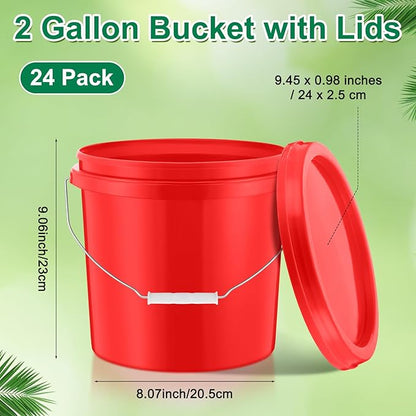 Tioncy 24 Pcs 2 Gallon Plastic Bucket with Lid Heavy Duty 2 Gallon Bucket Pail with Lid Handle for Storage Container Home Household Cleaning (Red)