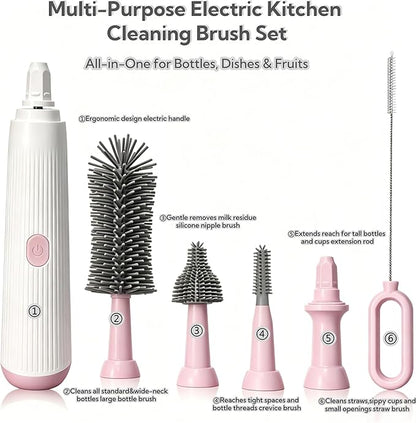 Electric Bottle Brush Set, 6-in-1 Electric Cleaning Brush with Waterproof Silicone Cleaner, 3 Replaceable Brush Heads, Straw Brush & Extension Rod, for Baby Feeding Accessories and Kitchen Utensils