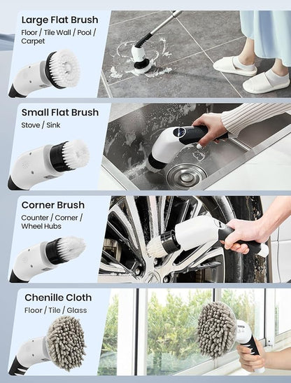 Keimi Electric Spin Scrubber, 2025 New Cordless Shower Cleaning Brush with 8 Replaceable Brush Heads, 3 Adjustable Speeds, and Adjustable Extension Handle for Bathroom Floor Tile