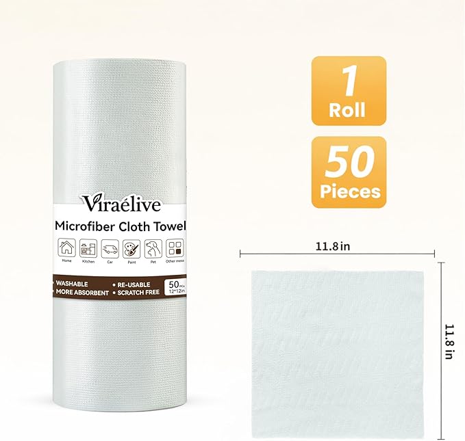 Microfiber Cleaning Cloth Roll, 50 Tear-Away Sheets, Reusable & Washable, Lint-Free, Non-Scratch, Highly Absorbent Towels for Kitchen, Home, Windows & Screens, Green Wave Pattern, 12x12 in