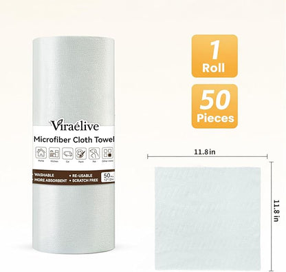 Microfiber Cleaning Cloth Roll, 50 Tear-Away Sheets, Reusable & Washable, Lint-Free, Non-Scratch, Highly Absorbent Towels for Kitchen, Home, Windows & Screens, Green Wave Pattern, 12x12 in
