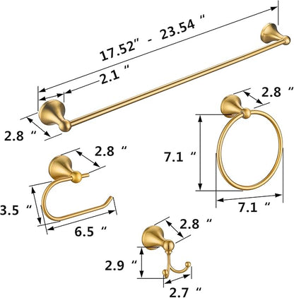 4 Pcs Gold Bathroom Hardware Set - Brushed Brass Gold Bathroom Accessories Kit, Stainless Steel Wall Mounted 23.6 Inch Towel Bar | Towel Hook | Toilet Paper Holder | Hand Towel Holder