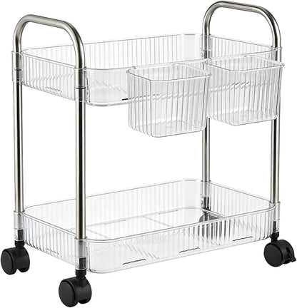 2 Tier Utility Rolling Cart with Wheels Sofa Side Table Small Under Desk Storage Organizer, Clear Acrylic Plastic Mobile Trolley Organization Storage Cart for Kitchen Pantry Bathroom Vanity