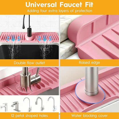 16" Silicone Faucet Mat for Kitchen Sink Released in 2026,8° Slope Fast Self-draining-Kitchen Sink Splash Guard,Bathroom Kitchen Sink Area Water Splash Guard Behind Faucet Draining Mat(Pink)
