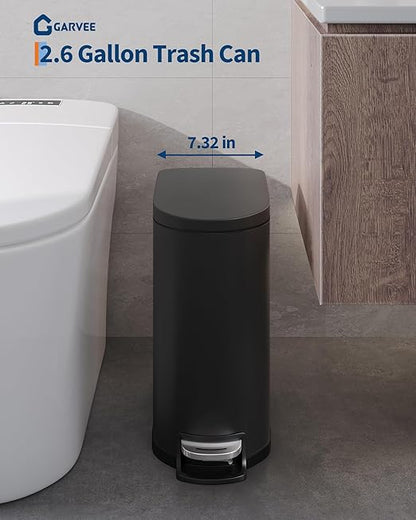 Garvee 2.6 gal / 10 L Metal Bathroom Trash Can with Lid, Slim Waterproof Garbage Can for Bedroom, Small Step-on Trash Bin with Inner Bucket, Rear Handle, Soft Close Lid, Black