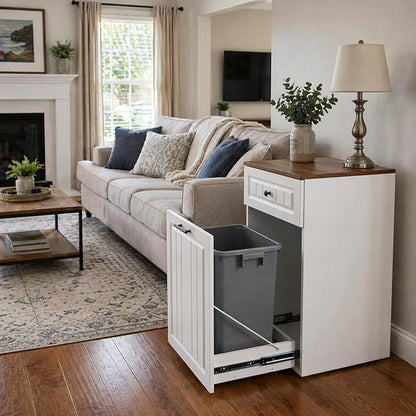 13 Gallon Pull Out Trash Can Cabinet with Drawer, Hidden Kitchen Garbage Cabinet, Freestanding Modern Farmhouse Waste Bin Furniture, White