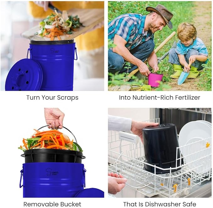 Chef's Star Countertop Compost Bin for Kitchen, Indoor Compost Bin for Kitchen Counter, Small Composter for Kitchen Counter, with Charcoal Filter, Airtight Lid, 0.8 Gallon Compost Pail, Blue