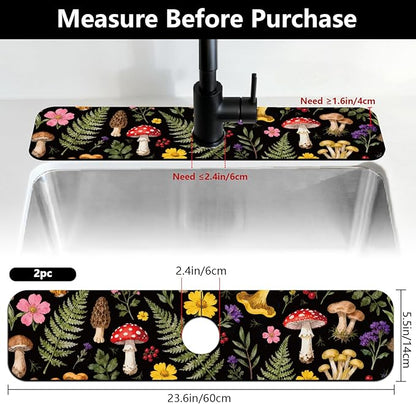 2 Pcs Kitchen Sink Splash Guard Faucet Mats Colorful Mushrooms and Flowers Pattern Faucet Mat for Sinks Leaves Absorbing Drying Mat for Kitchen Bathroom, 23.6x5.5inch