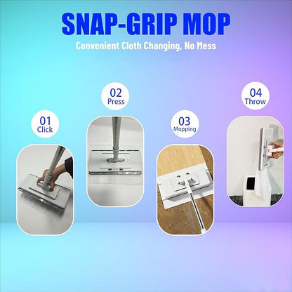 Upgrade Push Clamp Mop Kit - 2-in-1 Full Size Press Grip Lazy Sweeper Mop with Convenient Cloth Changing, Compatible with Swiffer Pads, Hardwood Tile Marble Floor Cleaning, 52in with10 Dry Cloths