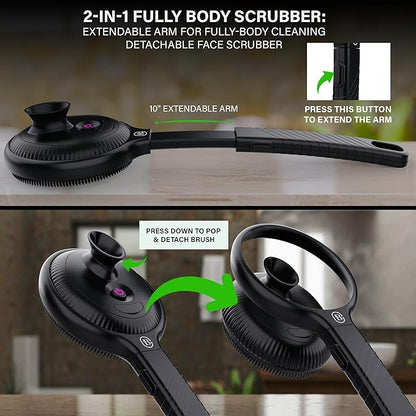 Bella Ciao Electric Back Scrubber for Shower & Face – Vibrating Silicone Body Brush, Exfoliating Loofah Cleaner with Extendable Handle, USB-C Rechargeable, IPX7 Waterproof Men’s Bath Massager (Black)
