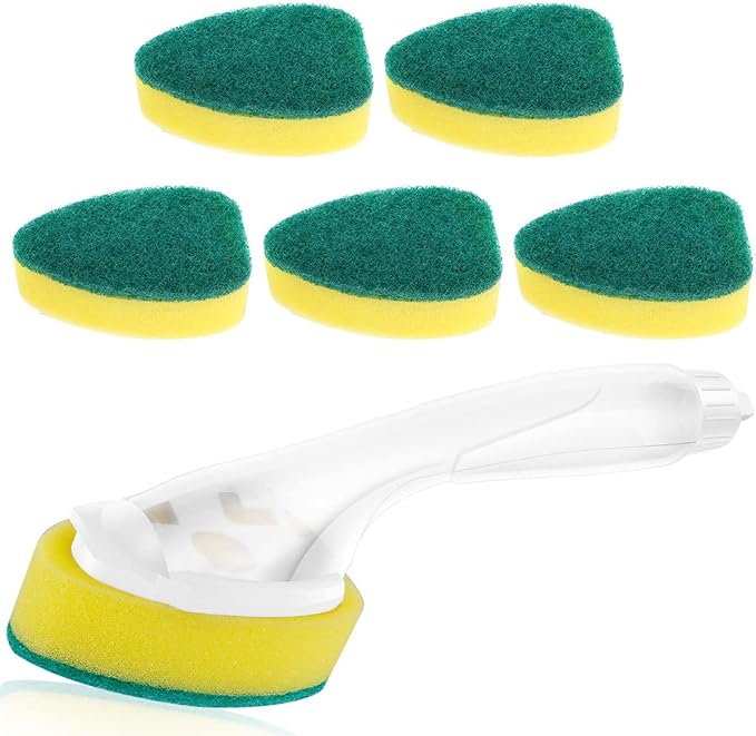 Non Scratch Dishwand Refill with Handle Dishwand Refills Handle with 7 Replacement Sponge Heads Dish Wand Refill Pack Soap Dispenser Scrubbers Dishwasher Cleaning Tool