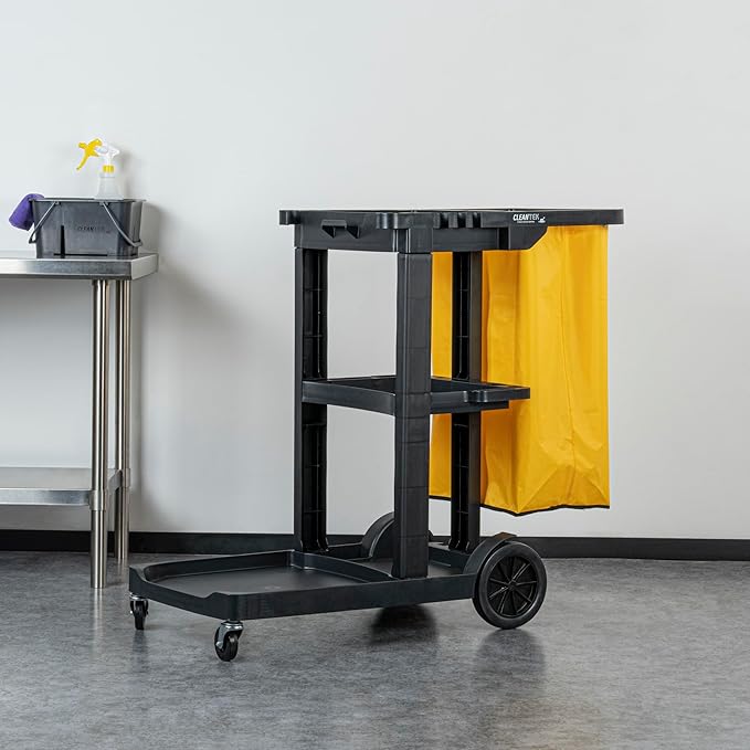 Restaurantware-Clean Tek Professional Janitor Cart with Wheels, 1 Cleaning Trolley with 18 Gallon Bag - 3 Shelves, Heavy-Duty, Black Plastic Commercial Janitorial Cart, for Restaurants