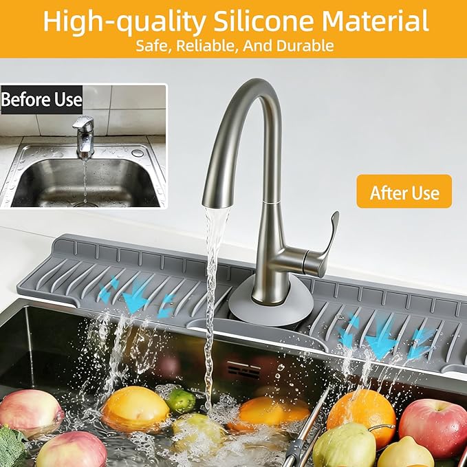 24" Silicone Sink Mat for Kitchen(Released in 2026) – 8° Slope for Quick Self-draining,Sink Splash Guard Behind the Faucet for Kitchen&Bathroom Area, Narrow Water Splash Guard Easy to Clean (Grey)