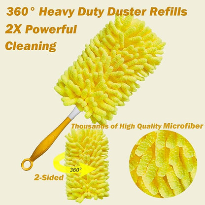 Reusable Duster for Swiffer, 2 Refills +1 Handle, 360 Heavy Duty Duster Refill Compatible with Swiffer Hand Dusters, for Dusting Furniture, Blinds, Ceiling Fans, Walls and More, Yellow