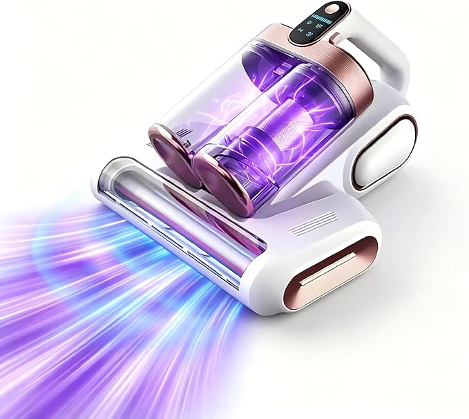 4-in-1 Cordless Bed Vacuum, 8000Pa Strong Suction 120W Motor, V-Shaped Aluminum Alloy Roller Brush, UV-C & Ultrasonic Sanitizing, USB Rechargeable for Mattress Sofa Pet Areas Pillows
