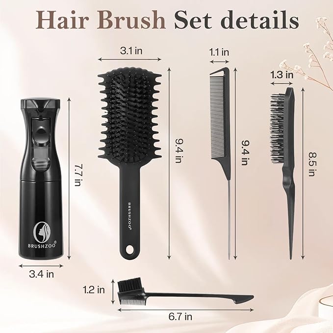 BRUSHZOO Hair Brush for Women, Brushes with Curly Hair Brush, Hair Spray Bottle, Edge Control Brush, Teasing Brush, Rat Tail Comb for All Hair Detangling Parting Styling
