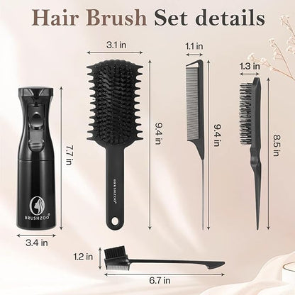 BRUSHZOO Hair Brush for Women, Brushes with Curly Hair Brush, Hair Spray Bottle, Edge Control Brush, Teasing Brush, Rat Tail Comb for All Hair Detangling Parting Styling