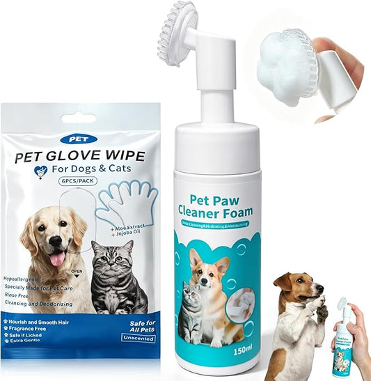 2-in-1 Pet Paw Cleaning Kit: No-Rinse Foam Cleaner & Pet Wipe Gloves, Foam Paw Scrubber for Dogs and Cats - Suitable for Small, Medium, Large Breeds, Puppies & Kittens with Dirty Paws