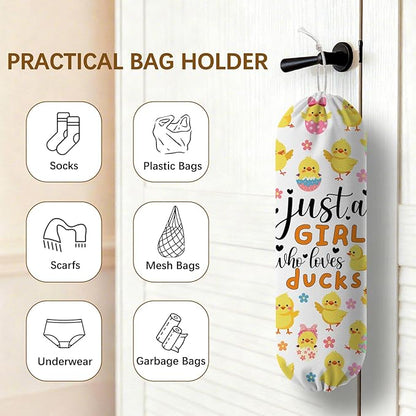 Plastic Bag Holder Dispenser, Duck Plastic Grocery Bag Organizer & Wall Mount Paper Trash Bags Saver Storage for Kitchen Home Pantry Decor Just A Girl Who Loves Ducks Decor