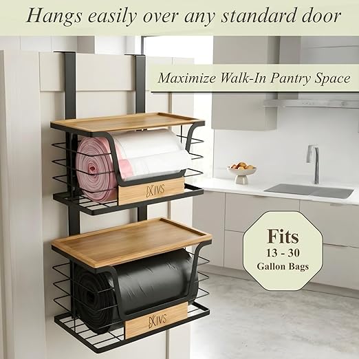 Over-the-Door Trash Bag Holder, Organizer and Dispenser, Stackable 2-Baskets with Heavy-Duty Hooks, 22 lbs Capacity, Carbon Steel, Bonus Adhesive Mounts, Multiuse Kitchen and Home Organizer