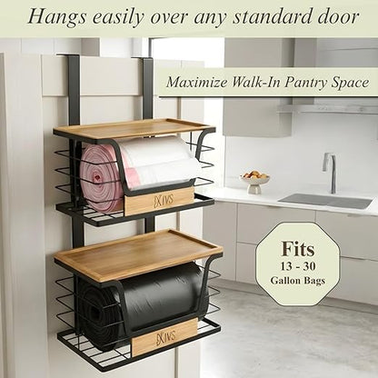 Over-the-Door Trash Bag Holder, Organizer and Dispenser, Stackable 2-Baskets with Heavy-Duty Hooks, 22 lbs Capacity, Carbon Steel, Bonus Adhesive Mounts, Multiuse Kitchen and Home Organizer