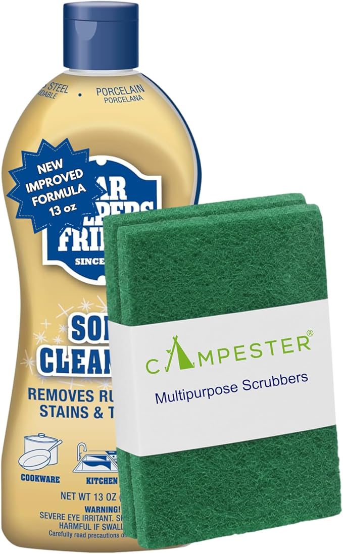 Soft Surface Cleanser 13 oz with 2 Multipurpose Scrubbers – Bleach-Free Multi-Surface Rust, Stain & Mineral Deposit Remover for Kitchen, Bathroom & Cookware
