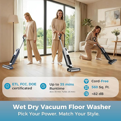 Wet Dry Vacuum Cleaner, Cordless Floor Washer, Vacuum and Mop All in One with Auto Self-Cleaning, Dual Water Tank & Tangle-Free Brush Design, Dual-Edge Cleaning, Up to 35-Minute Runtime