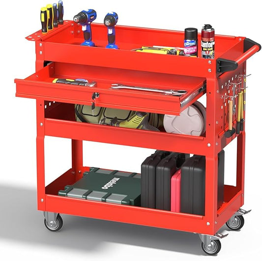 3 Tray Rolling Tool Cart with Drawers, 400 LBS Capacity Mechanic Tool Cart on Wheels, Heavy Duty Utility Cart with Pegboard for Garage, Warehouse and Repair Shop, Red