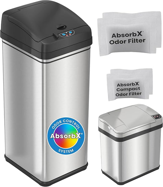 iTouchless 13 Gallon and 2.5 Gallon Automatic Touchless Sensor Kitchen Cans with Odor Control System, Stainless Steel, Includes 4 Filters (CDZT02CF02)