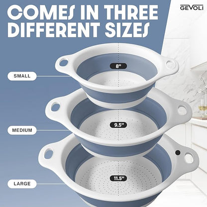 Gevoli Collapsible Colanders (3 Pack Set) Food Strainers with Over-Sink Water Draining Base for Pasta Fruits and Vegetables, White/Blue (3 Sizes, 3QT, 4QT and 5 Quart)