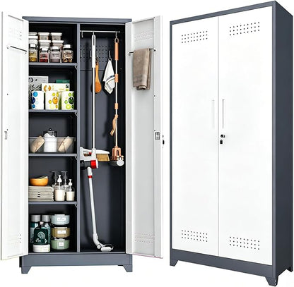 Metal Storage Cabinet 72" Tall, Garage Storage Cabinet with Lockable Doors & Shelves, Utility Broom Closet, Steel Tool Cabinet for Garage, Laundry Room, Home Office, Grey/White