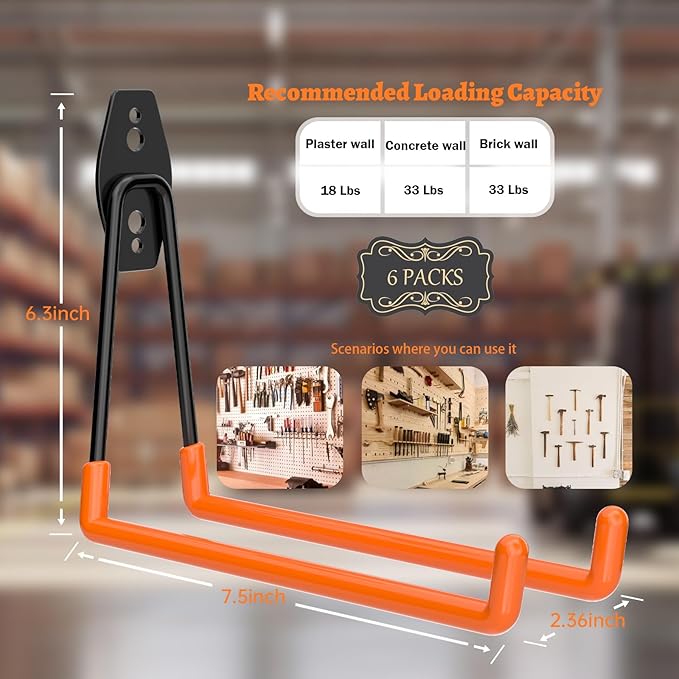 ENUODA Large Garage Storage Hooks Heavy Duty Wall Hooks for Hanging Ladder, Garden Tool, Shovel, Broom, Drill, Bike, Extension Cord, Hose, Chair, Bulk Items, 7.5 inch, 6PCS