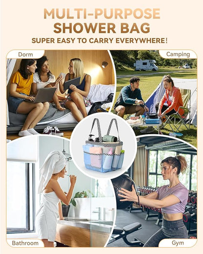 Temede Mesh Shower Caddy Tote, Large Shower Caddy Basket Portable, Quick Dry Hanging Toiletry Bag, 8 Storage Pocket Bath Organizer for College Dorm Room, Gym, Bathroom, Camp, Travel (Blue)