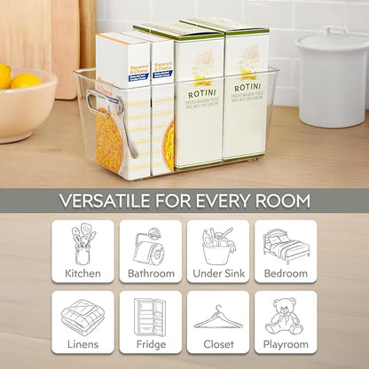 Set of 4 Clear Plastic Storage Bins With Handles, Containers To Organize Pantry, Fridge, Cabinet, Kitchen, Countertop, Closet, Cupboard, Home Organization and Storage