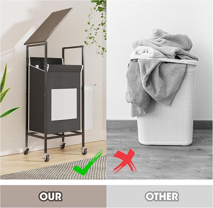 Laundry Hamper with Lid,Rolling Laundry Basket with Wheels,Metal Frame Sorter with Top Shelf and Removable Launddry Bags,Large Laundry organizer for Room, Bathroom, Bedroom (Black)
