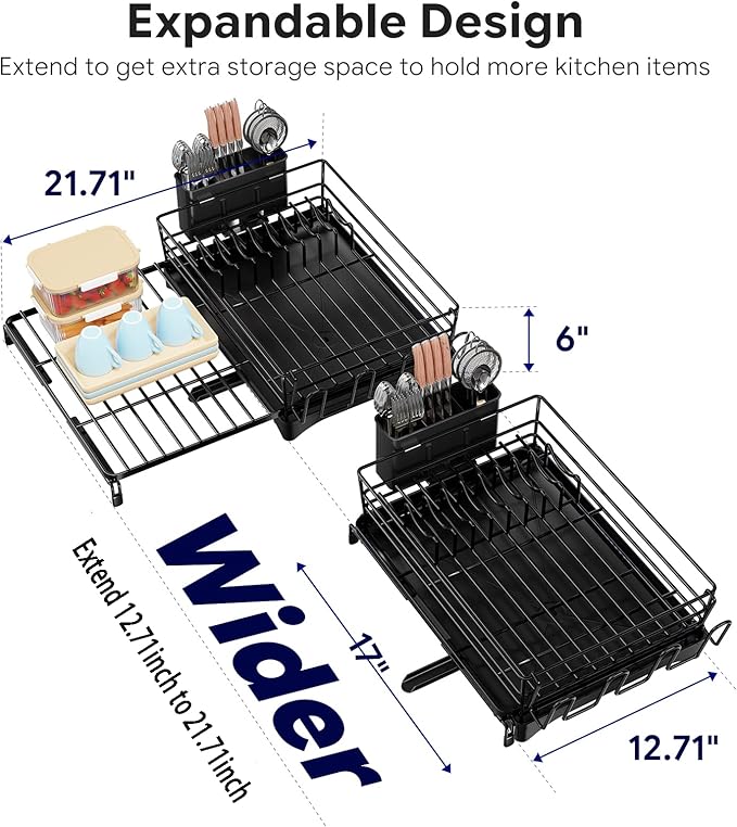Simple Trending Dish Rack - Adjustable Dish Drying Rack for Kitchen Counter, Large Capacity Dish Drainers, Stainless Steel Dish Strainer with Utensil & Cup Holders, Black