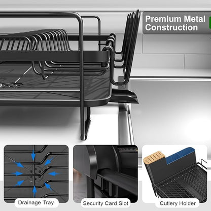 Runnatal Dish Drying Rack Extendable, Large Dish Rack with Drainboard, Utensil Holder, Cup Holder, Expandable Dish Drainer for Kitchen Counter, 20.5"-27.6" L x 12.6" W